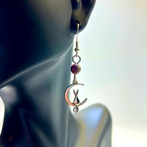 Handmade Sterling Silver and Sea Sediment Stone Crescent Moon & Cat Earrings!